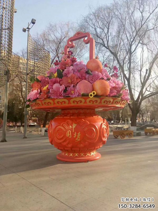 小花籃雕塑承接，景區案例，運動花朵花籃雕塑承接