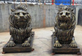 仿銅雄獅雕塑，動物美陳擺件，玻璃鋼獅子雕塑生產(chǎn)