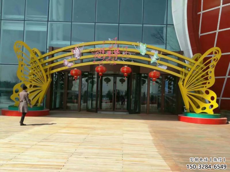 文昌蝴蝶拱門雕塑，鏤空烤漆效果，不銹鋼小區(qū)標(biāo)識雕塑